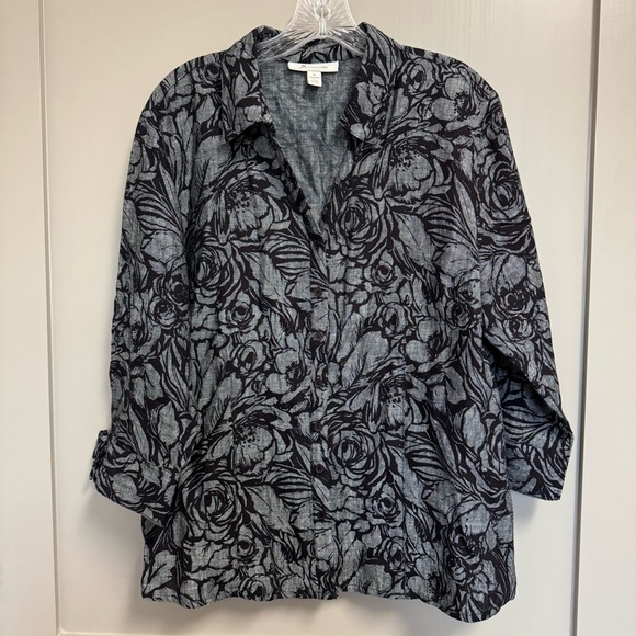 JM Collection Tops - JM Collection 100%‎ Linen Button Floral Button Down Gray & Black Tie Sleeve 16